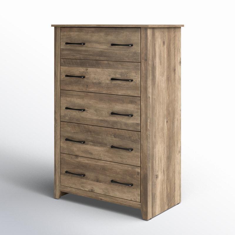 Meşe Görünümlü Endüstriyel Ahşap 5 Çekmeceli Metal Kulplu Dikey Şifonyer - 79x119 cm - 122893