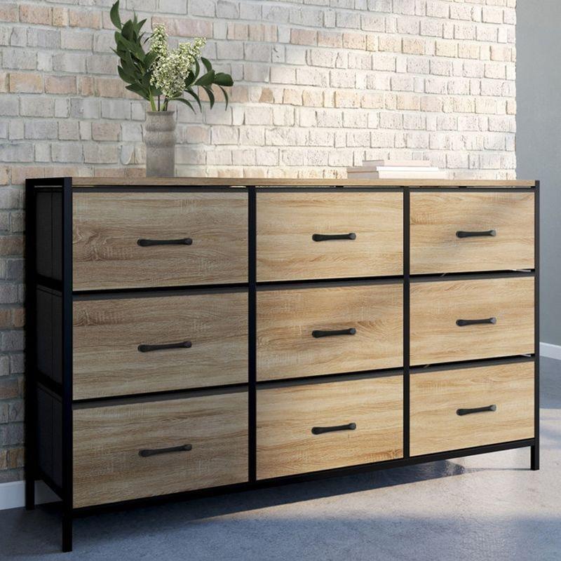 Meşe Görünümlü Metal İskeletli 9 Kumaş Çekmeceli Endüstriyel Şifonyer - 115 cm - 123819