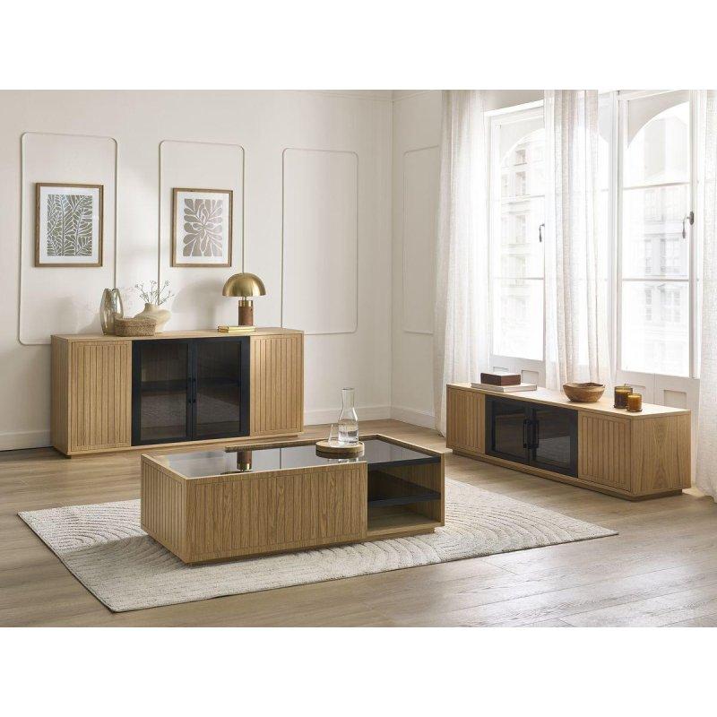 Meşe Kaplama ve Siyah Füme Cam Kapaklı Dikey Çizgili Endüstriyel Konsol - 160 cm - 129467