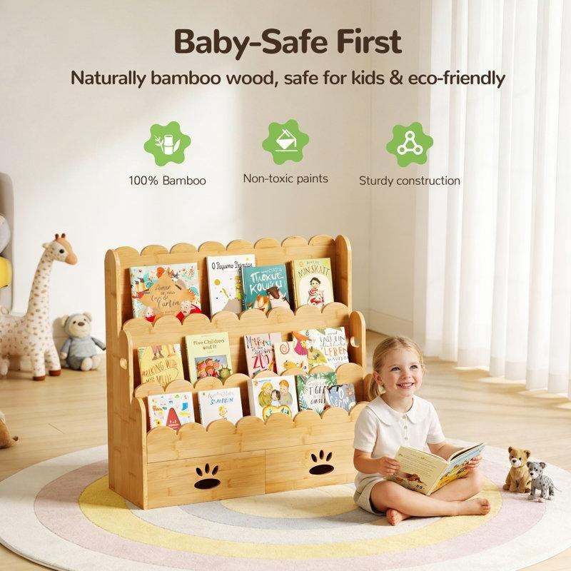 Meşe Masif Bambu 3 Raflı 2 Çekmeceli Montessori Kitaplık - 77x27x71 cm - 141256