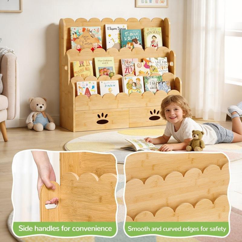 Meşe Masif Bambu 3 Raflı 2 Çekmeceli Montessori Kitaplık - 77x27x71 cm - 141256