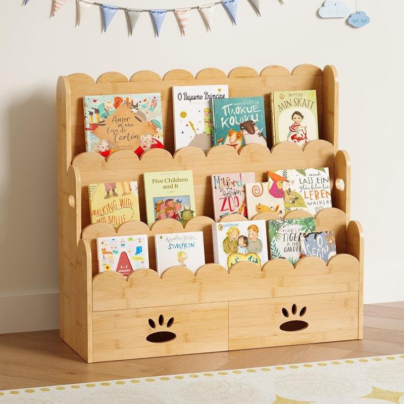 Meşe Masif Bambu 3 Raflı 2 Çekmeceli Montessori Kitaplık - 77x27x71 cm - 141256