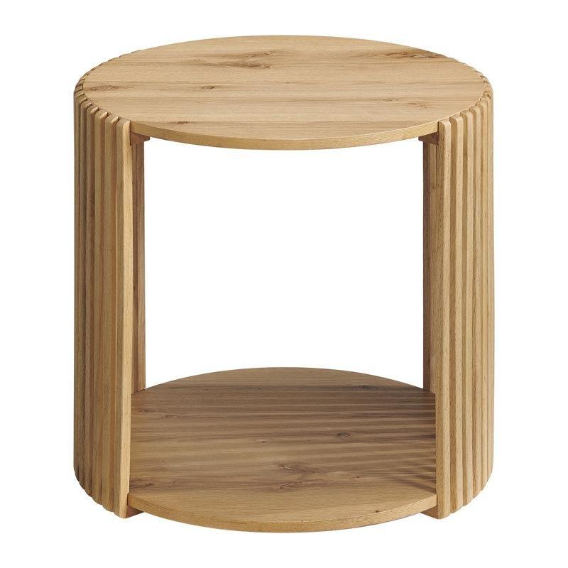 Meşe Masif ve Endüstriyel Ahşap Raflı Çıtalı Yuvarlak Komodin - 59x59x61 cm - 128188