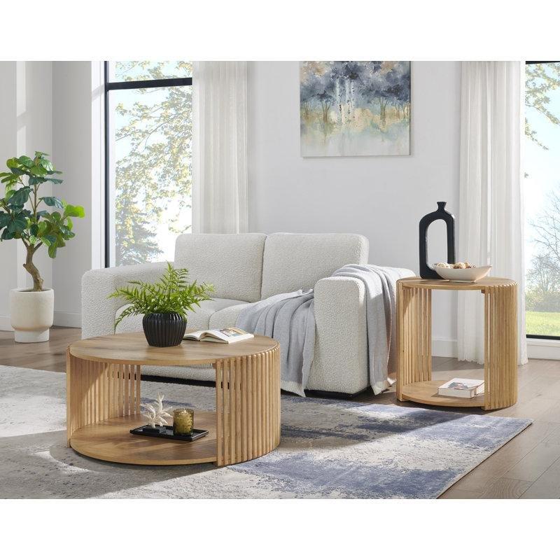 Meşe Masif ve Endüstriyel Ahşap Raflı Çıtalı Yuvarlak Komodin - 59x59x61 cm - 128188