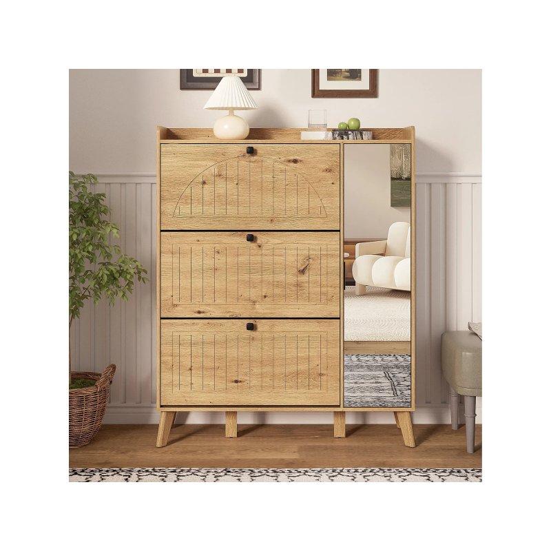 Meşe MDF Aynalı ve Düşer Kapaklı Çok Amaçlı Ayakkabılık - 110x24x138 cm - 118684