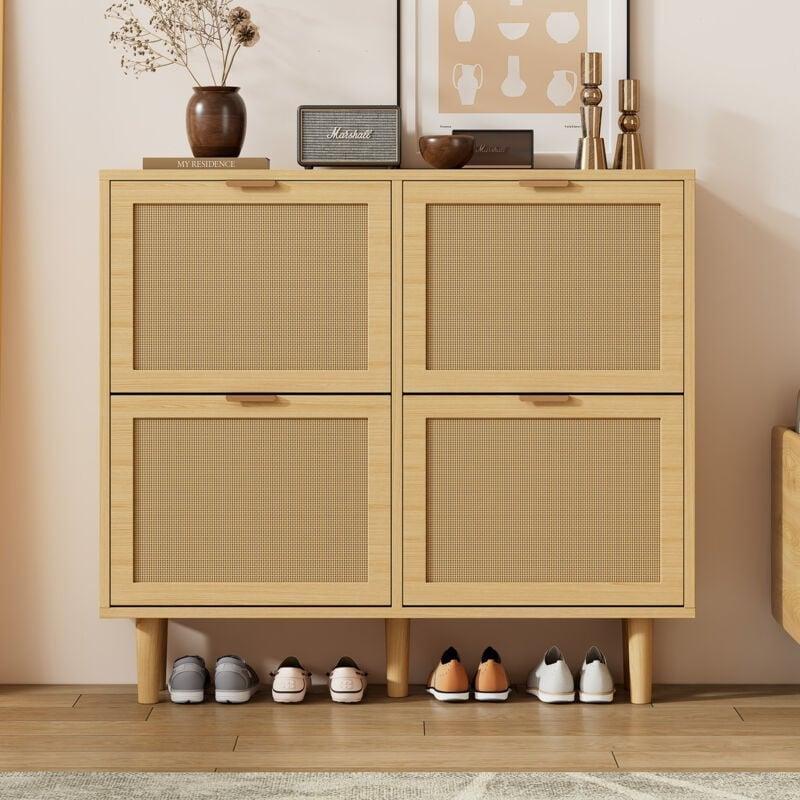 Meşe Rattan Görünümlü 4 Düşer Kapaklı Ahşap Ayakkabılık - 100x25x90 cm - 119037