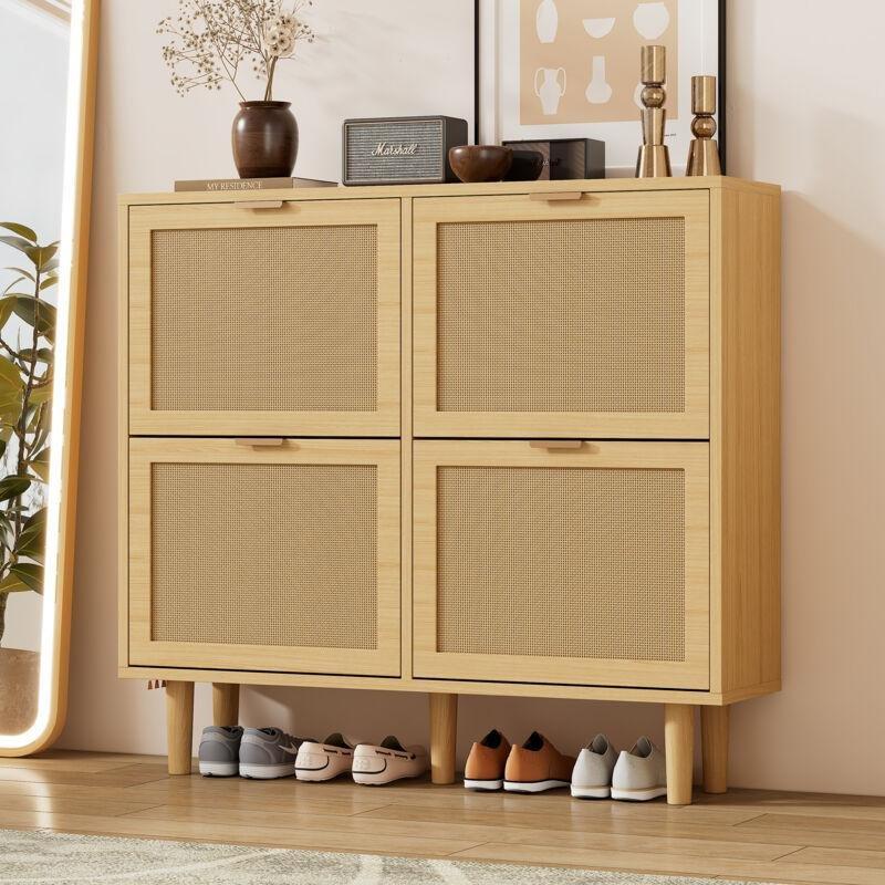 Meşe Rattan Görünümlü 4 Düşer Kapaklı Ahşap Ayakkabılık - 100x25x90 cm - 119037