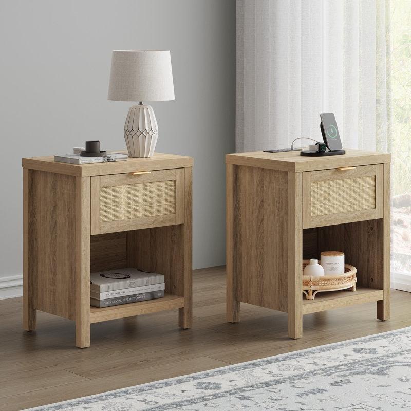 Meşe Rattan ve Ahşap Şarj İstasyonlu İkili Komodin - 51x39x65 cm - 127277