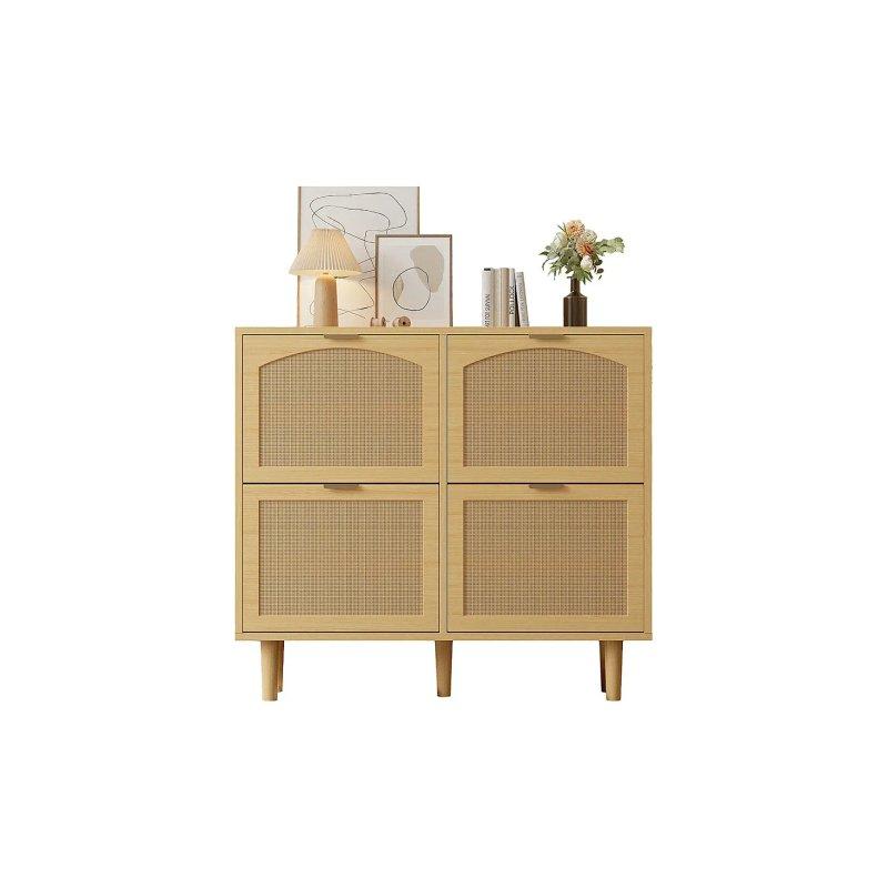 Meşe Rattan ve Endüstriyel Ahşap 4 Düşer Kapaklı Ayakkabılık - 100x25x90 cm - 118585