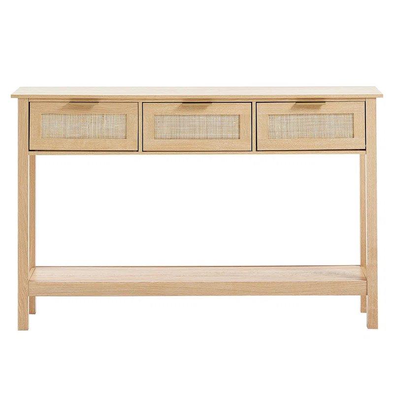 Meşe Rattan ve Masif Ahşap 3 Çekmeceli Raflı Bohem Dresuar - 131x30x82 cm - 131522