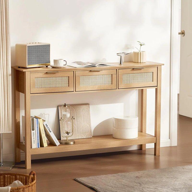 Meşe Rattan ve Masif Ahşap 3 Çekmeceli Raflı Bohem Dresuar - 131x30x82 cm - 131522