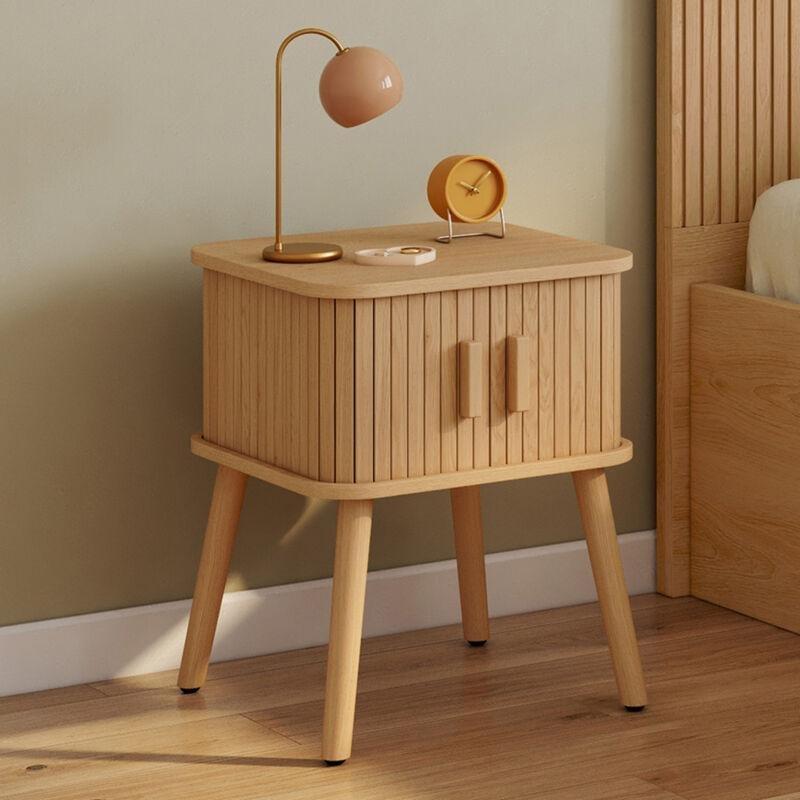 Meşe Rengi Ahşap Ayaklı Çıta Tasarımlı Sürgülü Kapaklı İkili Komodin Seti - 40x38x50 cm - 127712