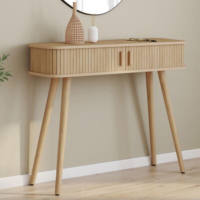 Meşe Rengi Ahşap Ayaklı Çıtalı Sürgülü Kapaklı Dresuar - 100x30x80 cm - 133995