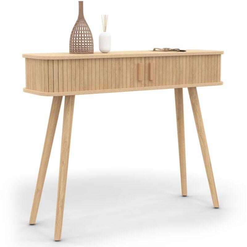 Meşe Rengi Ahşap Ayaklı Çıtalı Sürgülü Kapaklı Dresuar - 100x30x80 cm - 133995