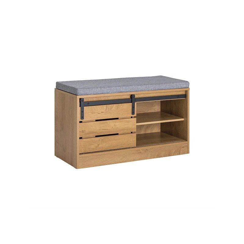 Meşe Rengi Ahşap Sürgülü Kapaklı ve Minderli Ayakkabılık - 80x35x48 cm - 118348