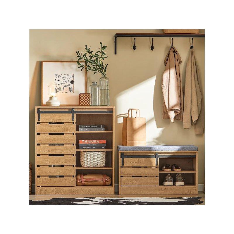 Meşe Rengi Ahşap Sürgülü Kapaklı ve Minderli Ayakkabılık - 80x35x48 cm - 118348