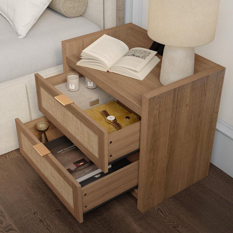 Meşe Rengi Ahşap ve Rattan Detaylı Şarj İstasyonlu İkili Komodin - 60x40x56 cm - 127274