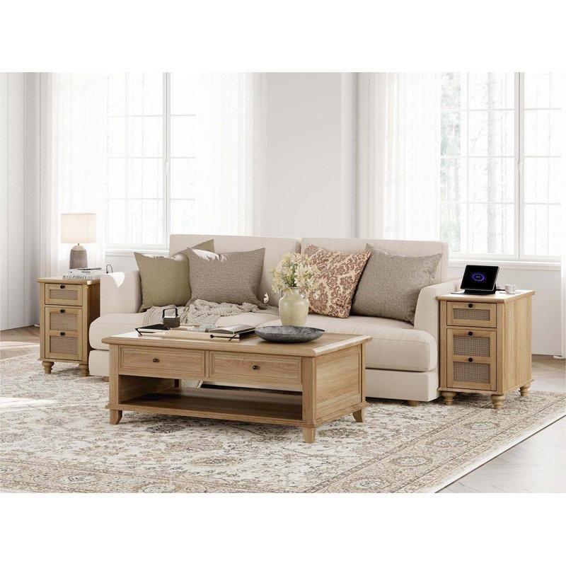 Meşe Rengi Ahşap ve Rattan Detaylı Şarj İstasyonlu Prizli Komodin - 38x60x62 cm - 127217
