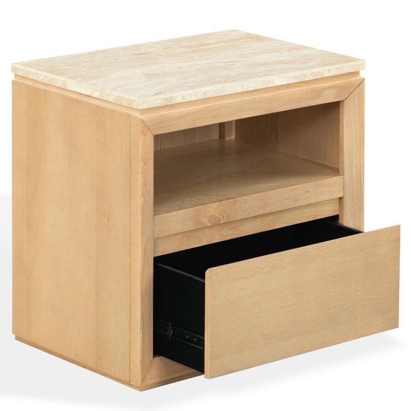 Meşe Rengi Ahşap ve Traverten Tek Çekmeceli Mermer Komodin - 66x66x46 cm - 127978