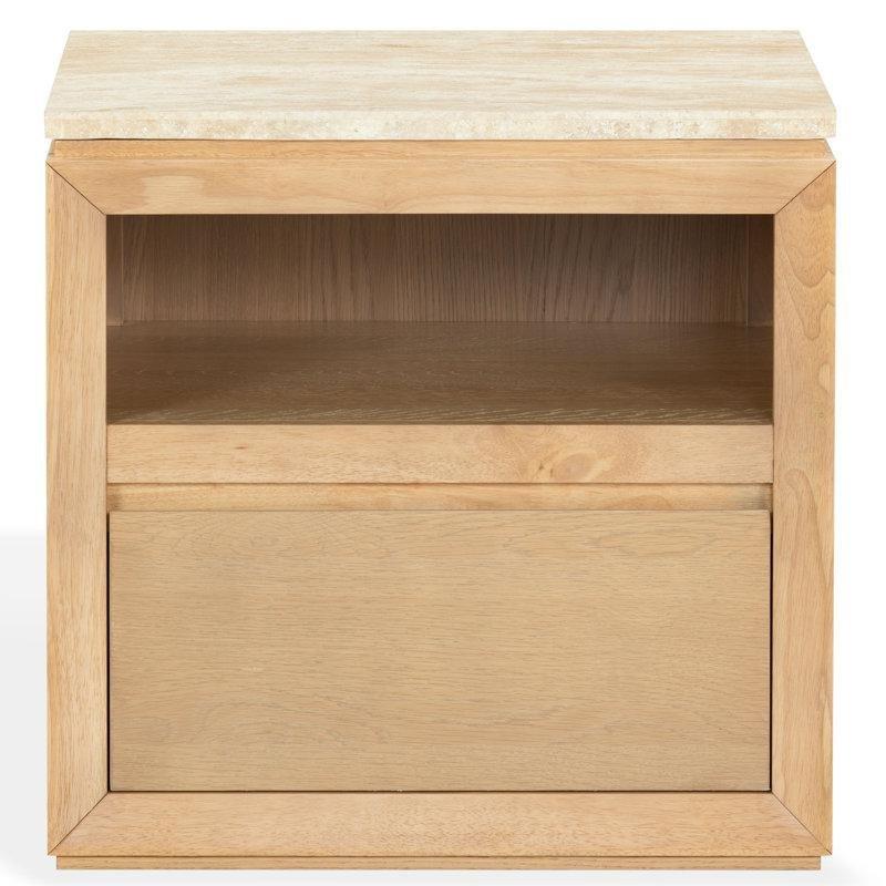 Meşe Rengi Ahşap ve Traverten Tek Çekmeceli Mermer Komodin - 66x66x46 cm - 127978