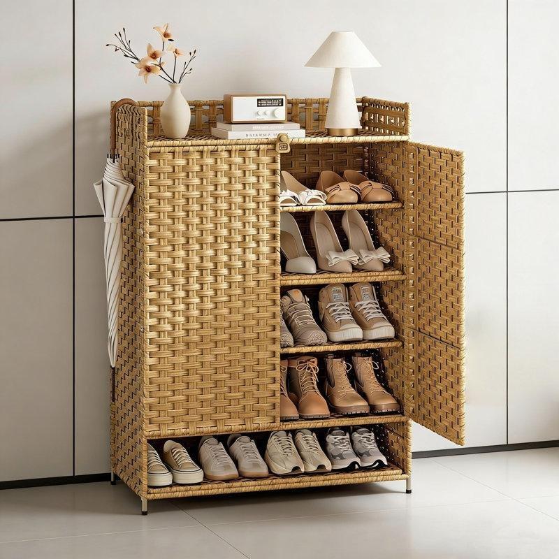 Meşe Rengi Doğal Rattan 6 Bölmeli Ayarlanabilir Raflı Hasır Ayakkabılık - 70x101 cm - 120982