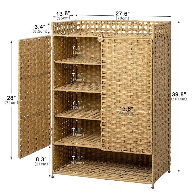 Meşe Rengi Doğal Rattan 6 Bölmeli Ayarlanabilir Raflı Hasır Ayakkabılık - 70x101 cm - 120982