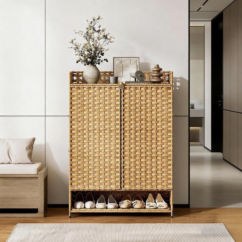 Meşe Rengi Doğal Rattan 6 Bölmeli Ayarlanabilir Raflı Hasır Ayakkabılık - 70x101 cm - 120982