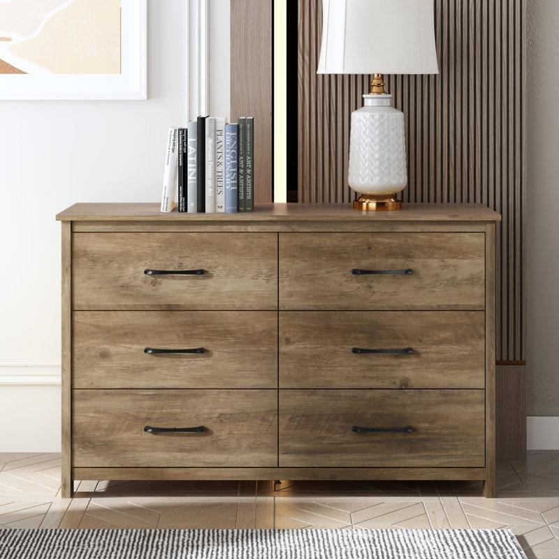 Meşe Rengi Endüstriyel Ahşap 6 Çekmeceli Metal Kulplu Şifonyer - 120x40x80 cm - 123049