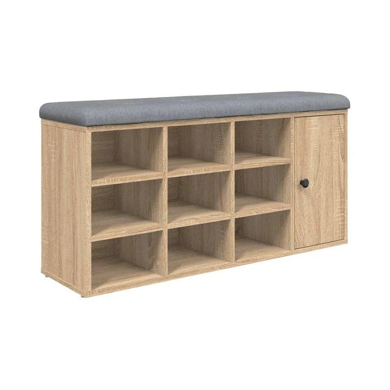 Meşe Rengi Endüstriyel Ahşap Gri Minderli Kapaklı Ayakkabılık Bench - 102x32x50 cm - 118441