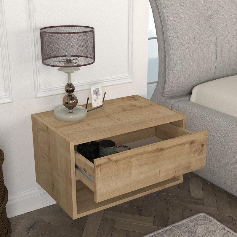 Meşe Rengi Endüstriyel Ahşap Tek Çekmeceli ve Açık Raflı Duvara Monte Komodin - 59x40x36 cm - 127370