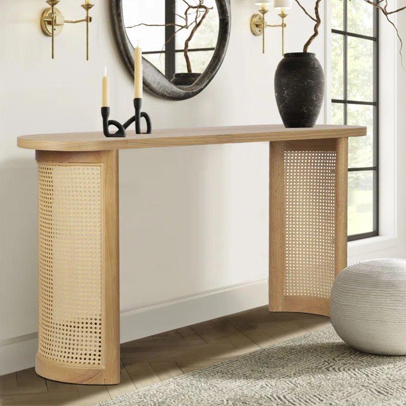Meşe Rengi Masif Ahşap ve Rattan Oval Tasarım Dresuar - 153x39 cm - 133038