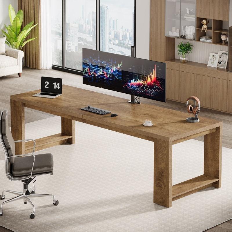 Meşe Rengi MDF Ayarlanabilir Ayak Pedli Çift Kişilik Bilgisayar Masası-220x70x75 cm - 116937
