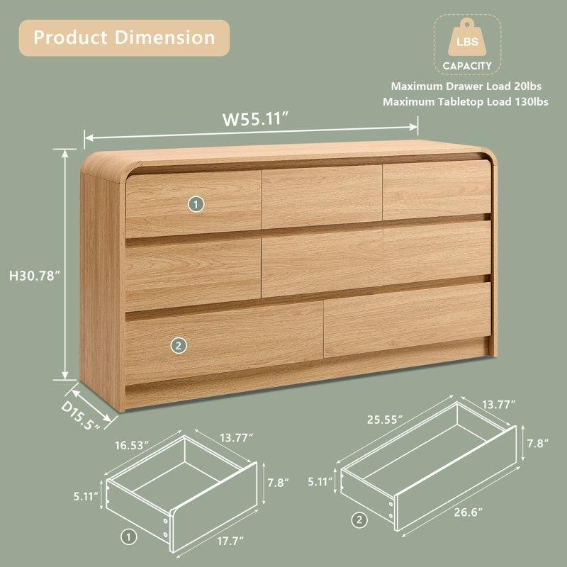 Meşe Rengi MDF Kavisli Tasarım 8 Çekmeceli Şifonyer - 140x40x79 cm - 123058