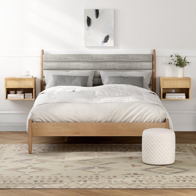 Meşe Rengi Rattan Detaylı Duvara Monte Çekmeceli ve Açık Raflı Komodin - 40x32x30 cm - 127376