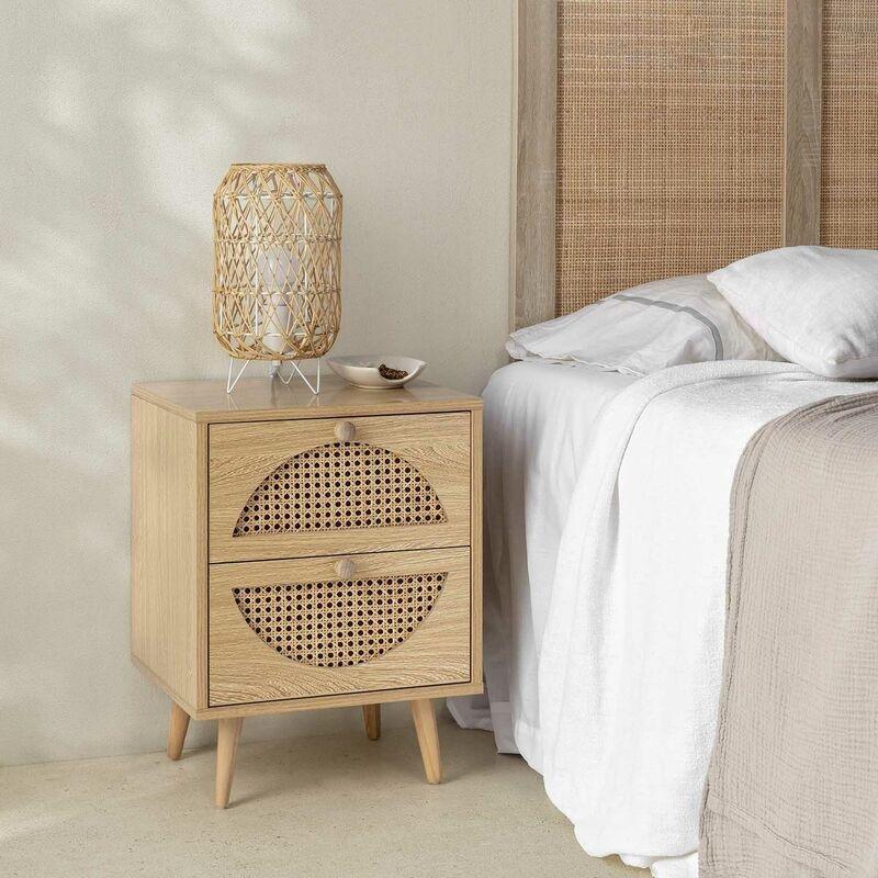 Meşe Rengi Rattan Detaylı İki Çekmeceli Yarım Ay Desenli Komodin - 40x35x53 cm - 127649