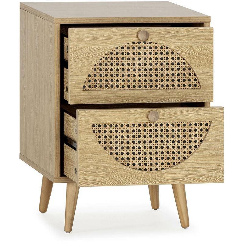 Meşe Rengi Rattan Detaylı İki Çekmeceli Yarım Ay Desenli Komodin - 40x35x53 cm - 127649
