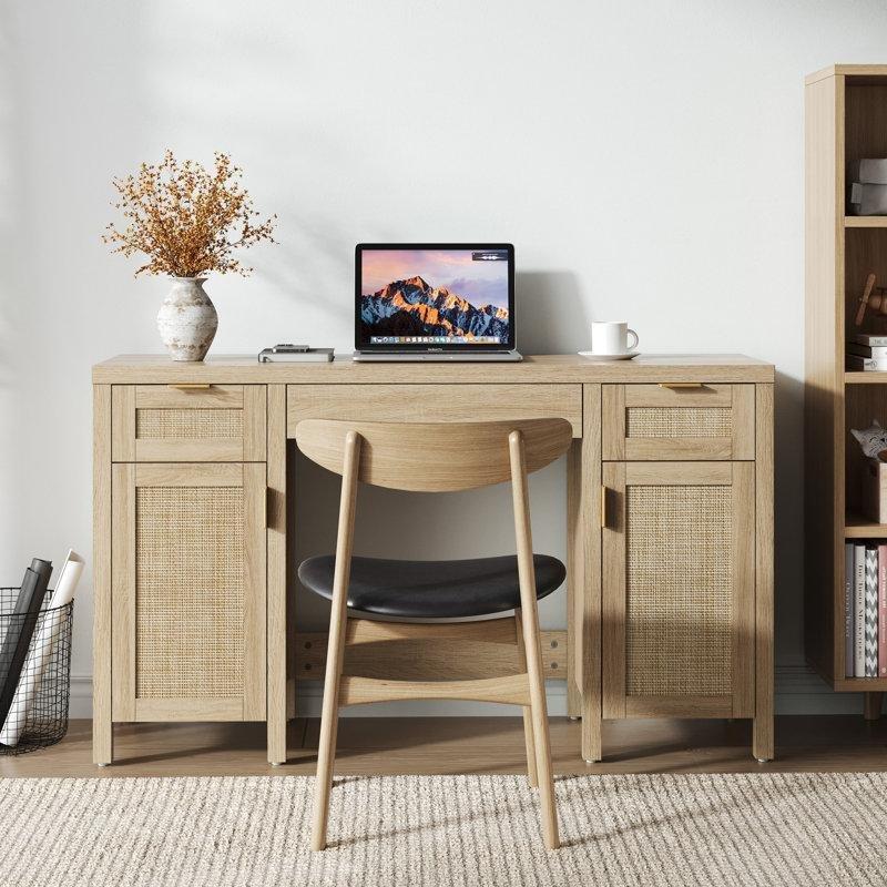 Meşe Rengi Rattan ve Ahşap 3 Çekmeceli 2 Dolaplı Makyaj Masası - 133 cm - 121714
