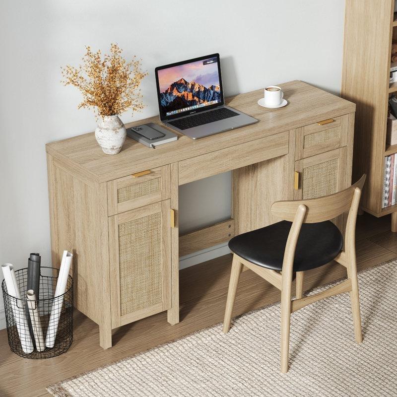 Meşe Rengi Rattan ve Ahşap 3 Çekmeceli 2 Dolaplı Makyaj Masası - 133 cm - 121714