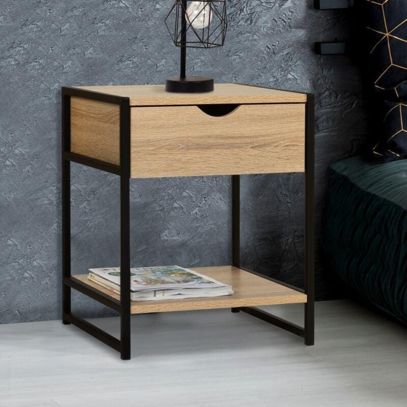 Meşe Rengi ve Siyah Metal Ayaklı Çekmeceli Raflı 2'li Set Komodin - 40x40x50 cm - 127759