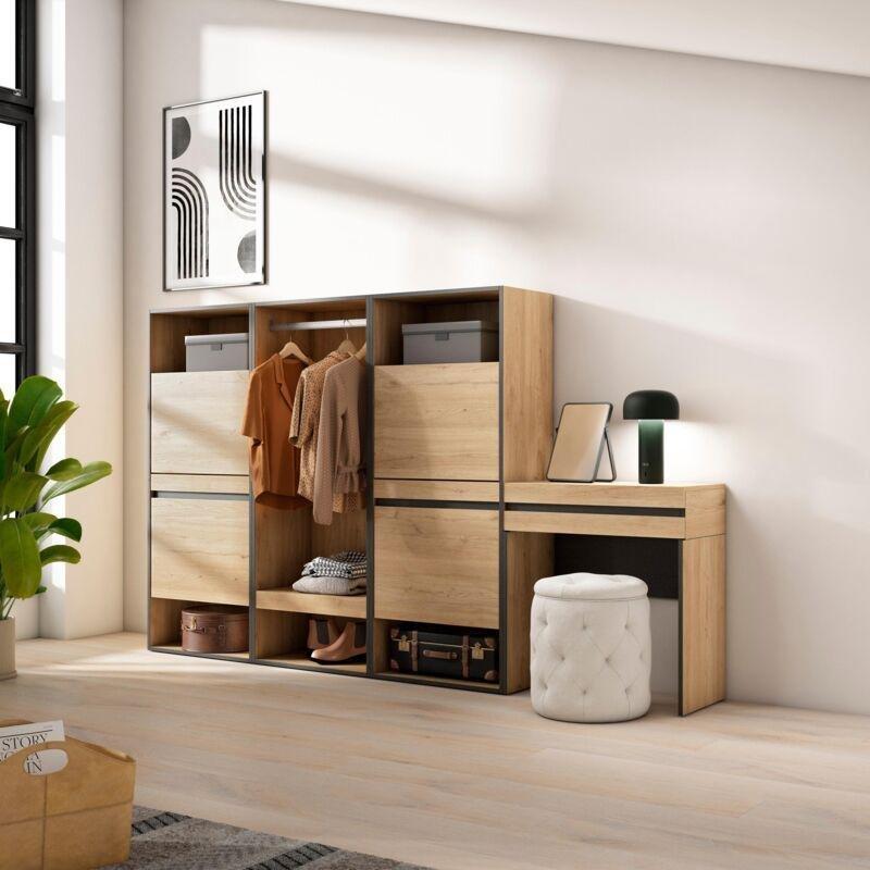 Meşe Siyah Ahşap Dokulu Konsol ve Askılık Eklentili Modüler Vestiyer Ayakkabılık - 250x145x35 cm - 120312