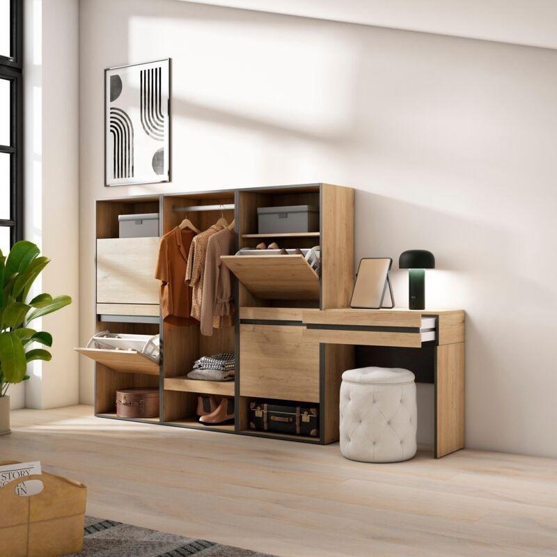 Meşe Siyah Ahşap Dokulu Konsol ve Askılık Eklentili Modüler Vestiyer Ayakkabılık - 250x145x35 cm - 120312