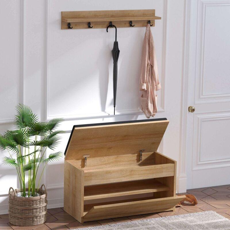 Meşe Siyah Melamin Yonga Levha Minderli ve Askılı Ayakkabılık - 80x35x42 cm - 120200