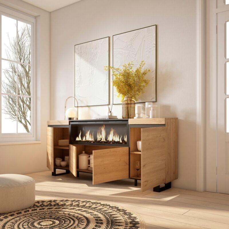 Meşe ve Siyah Ahşap XXL Elektrikli Şömineli 4 Kapaklı Konsol - 210x35x75 cm - 129257