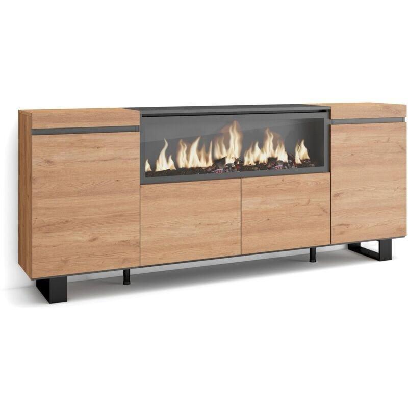 Meşe ve Siyah Ahşap XXL Elektrikli Şömineli 4 Kapaklı Konsol - 210x35x75 cm - 129257