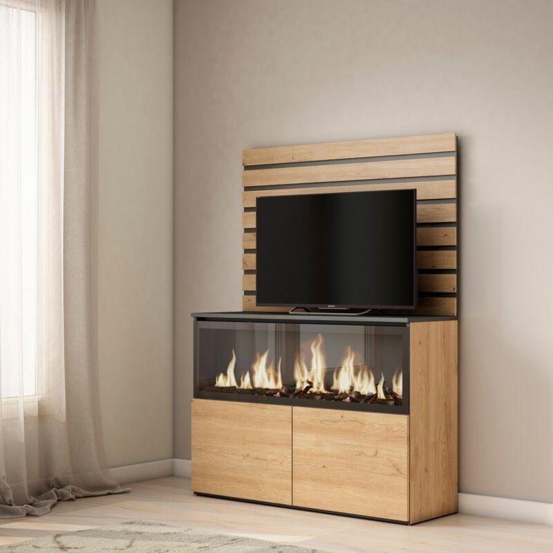 Meşe ve Siyah Ahşap XXL Elektrikli Şömineli ve Uzaktan Kumandalı Konsol - 107x35x145 cm - 129247