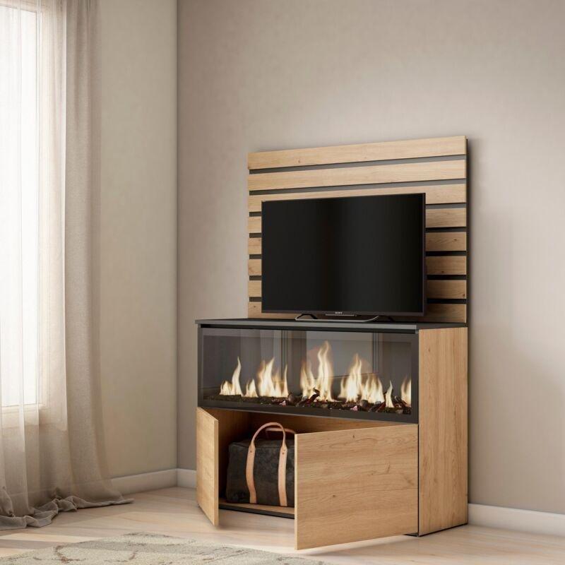 Meşe ve Siyah Ahşap XXL Elektrikli Şömineli ve Uzaktan Kumandalı Konsol - 107x35x145 cm - 129247