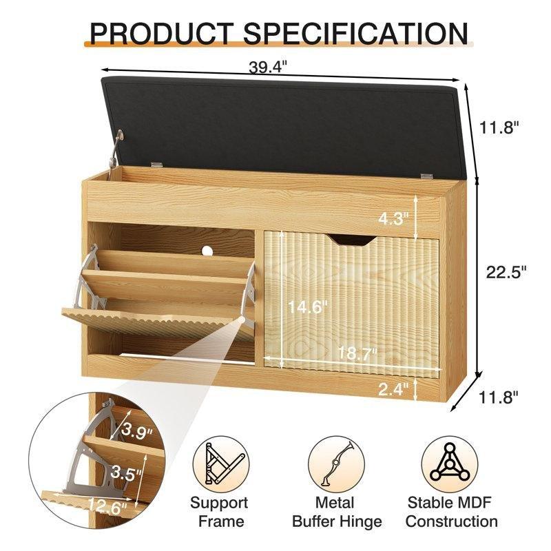 Meşe ve Siyah Deri Döşemeli Gizli Bölmeli Düşer Kapaklı Ayakkabılık Bench - 100x30x57 cm - 120547