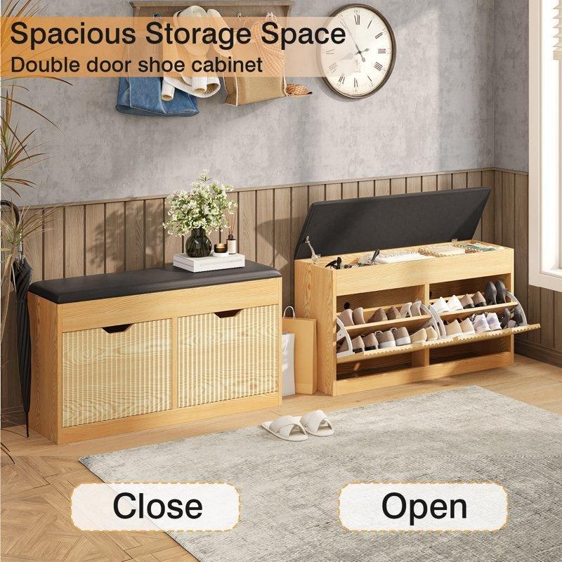 Meşe ve Siyah Deri Döşemeli Gizli Bölmeli Düşer Kapaklı Ayakkabılık Bench - 100x30x57 cm - 120547