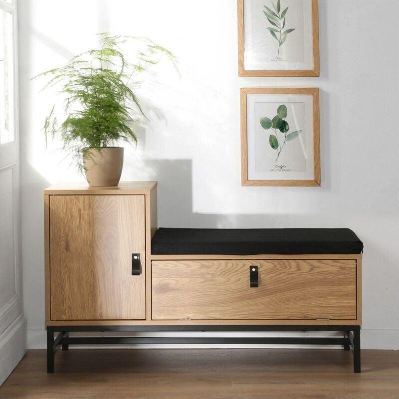 Meşe ve Siyah Endüstriyel Ahşap Metal Ayaklı Minderli Ayakkabılık - 100x38x58 cm - 119634