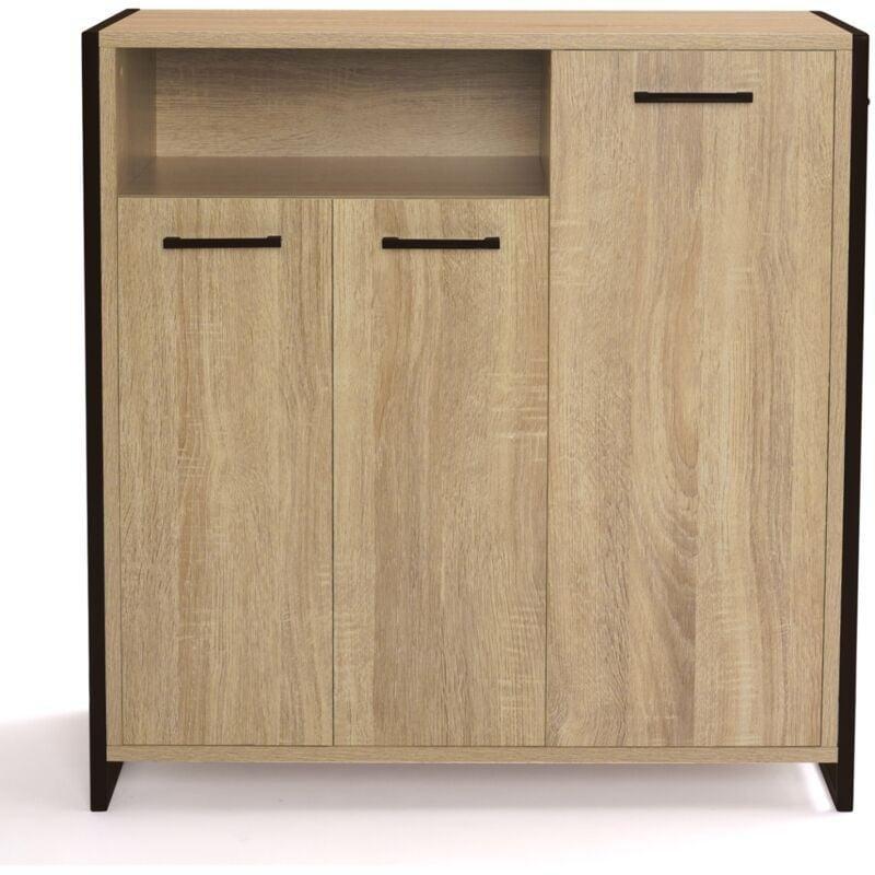 Meşe ve Siyah Endüstriyel Ahşap Metal Çerçeveli 3 Kapaklı Ayakkabılık Dolabı - 74x35x75 cm - 119093